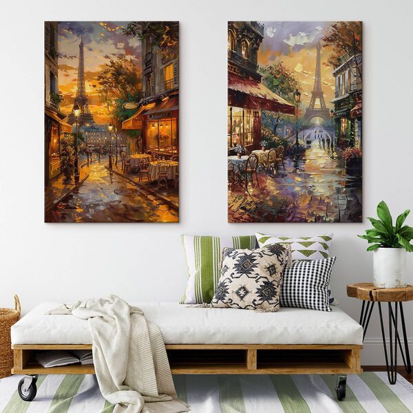 Painting of a street with a tower in the background
