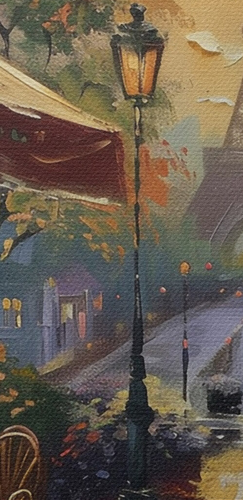 Painting of a street with a tower in the background