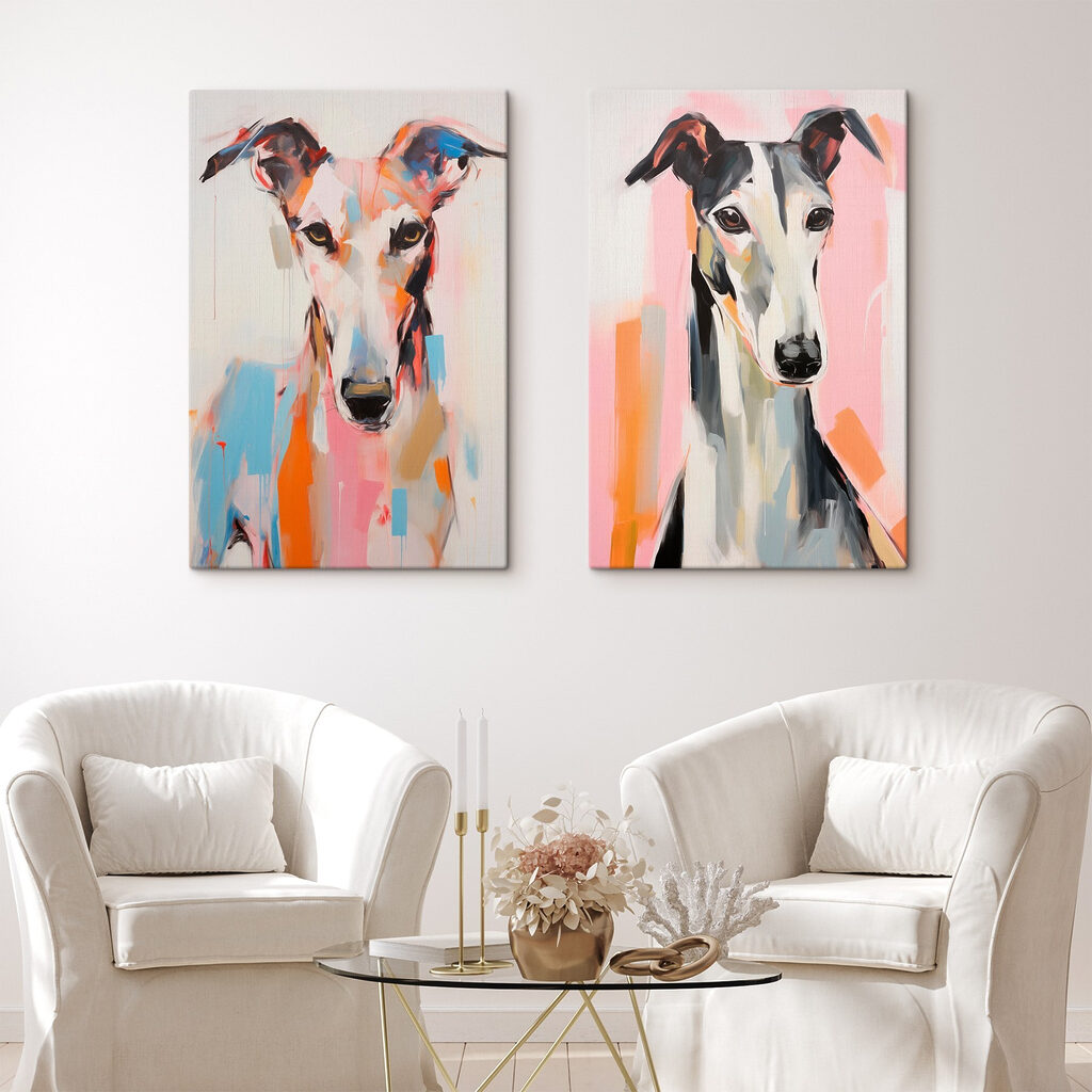 Two paintings of dogs on a wall