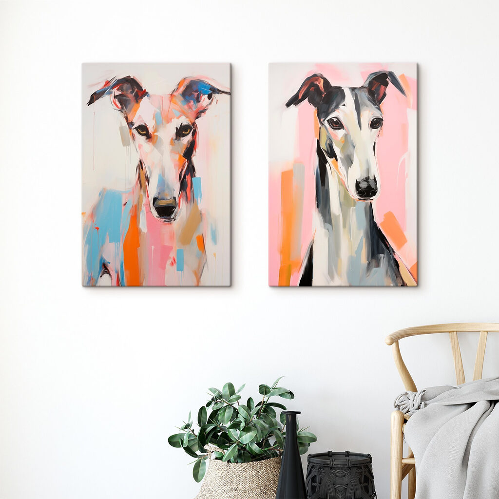 Two paintings of dogs on a wall