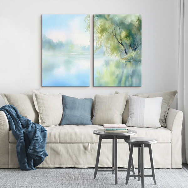 Watercolor painting of a tree and a lake