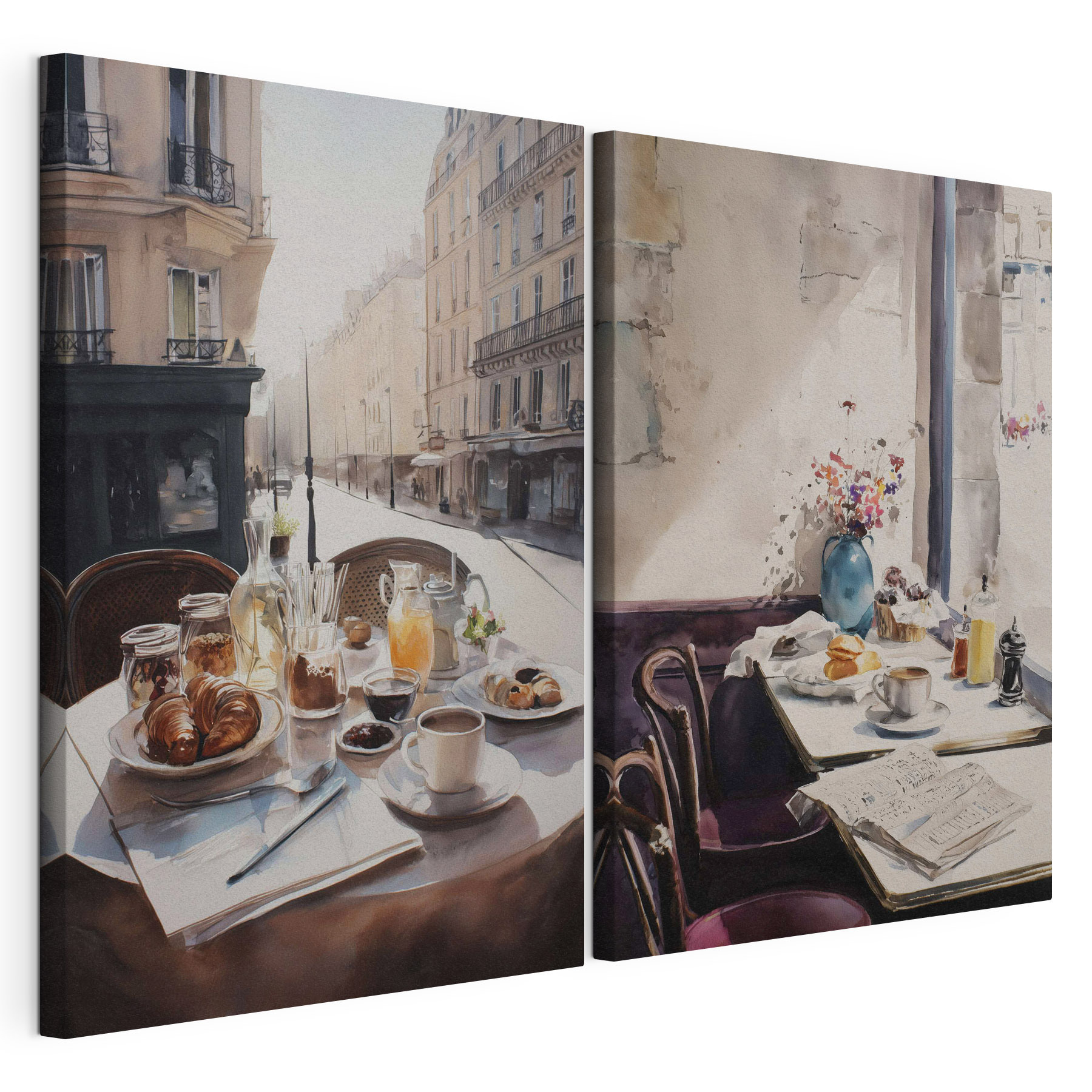 Watercolor painting of a table with food and drinks on it