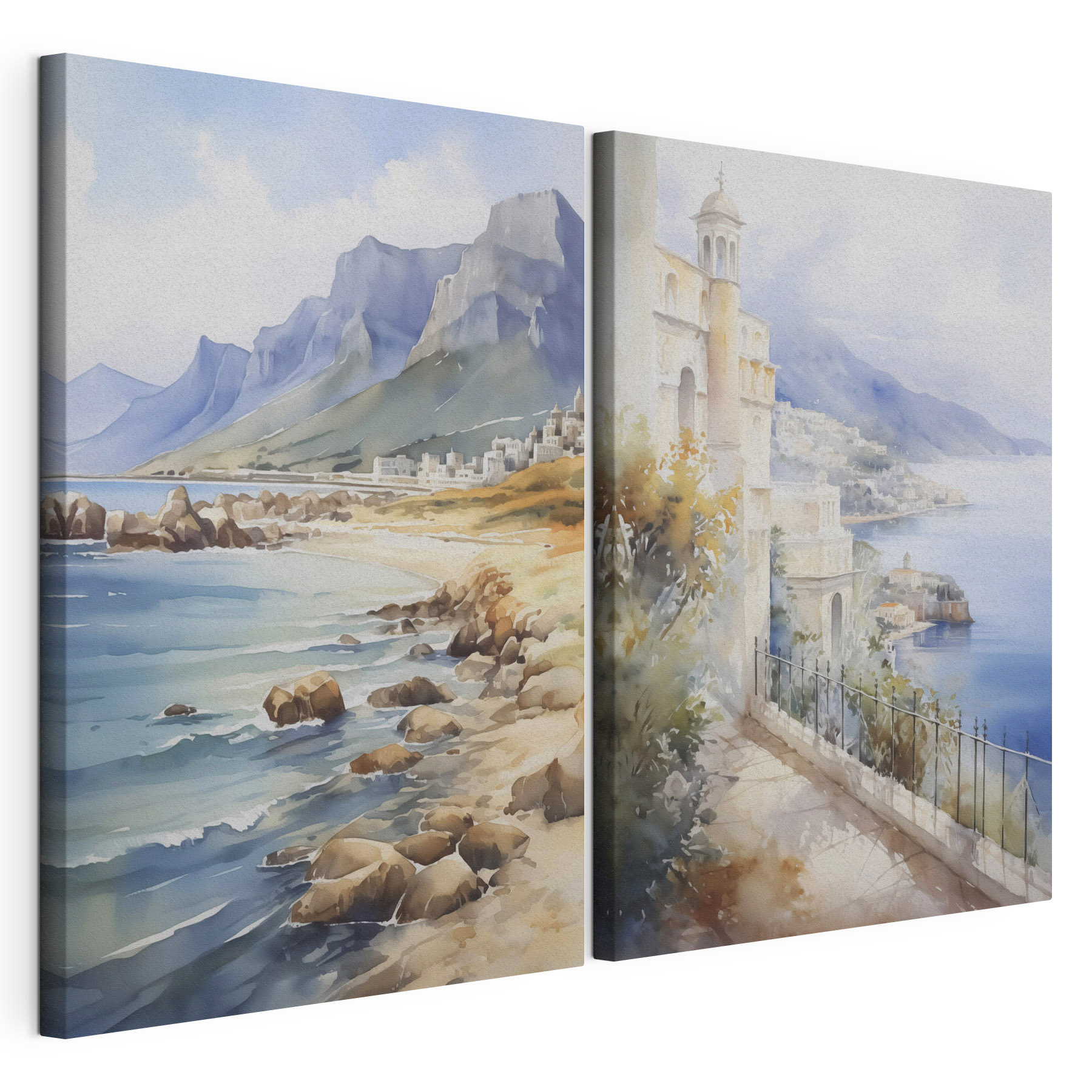 Watercolor painting of a city and a beach