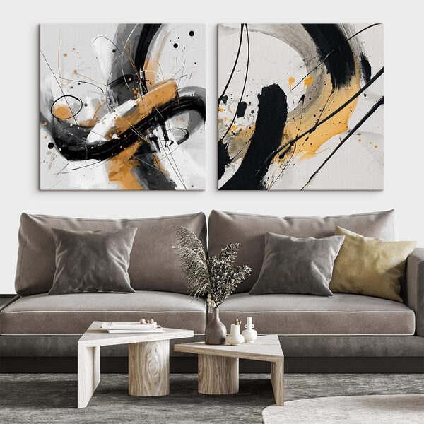 Two art pieces of black and yellow paint