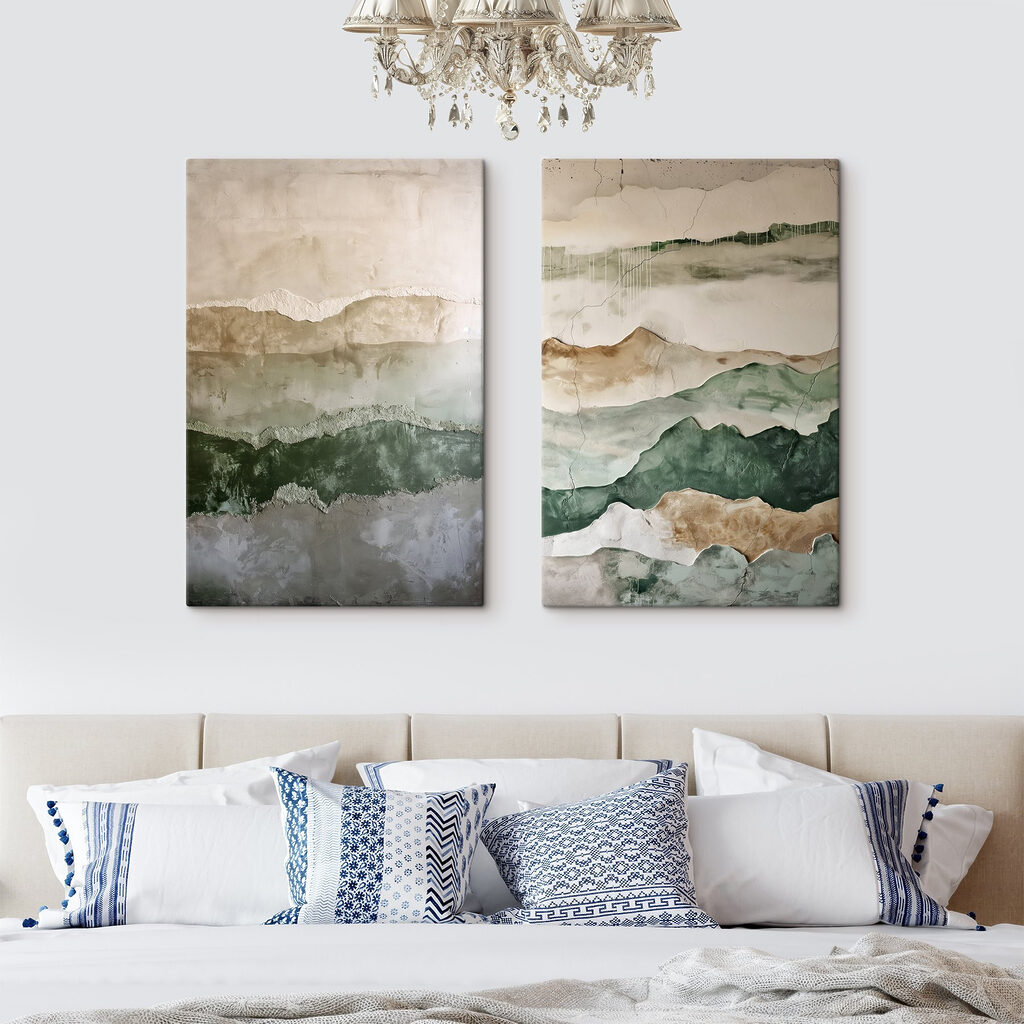 Painting of mountains and a crack in the wall