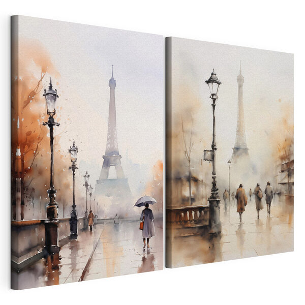 Watercolor painting of a city street and a woman walking with an umbrella Watercolor painting of a city street and a woman walking with an umbrella