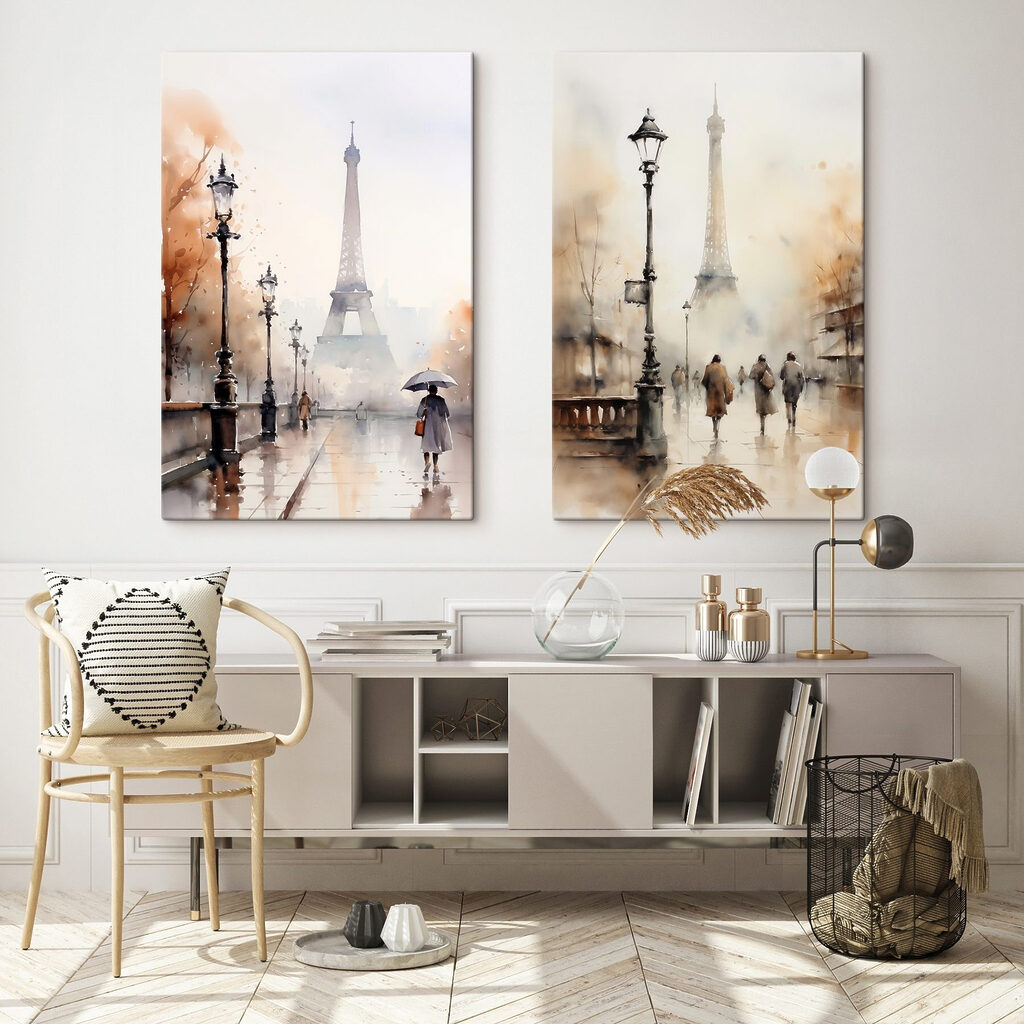 Watercolor painting of a city street and a woman walking with an umbrella Watercolor painting of a city street and a woman walking with an umbrella
