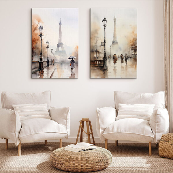 Watercolor painting of a city street and a woman walking with an umbrella Watercolor painting of a city street and a woman walking with an umbrella