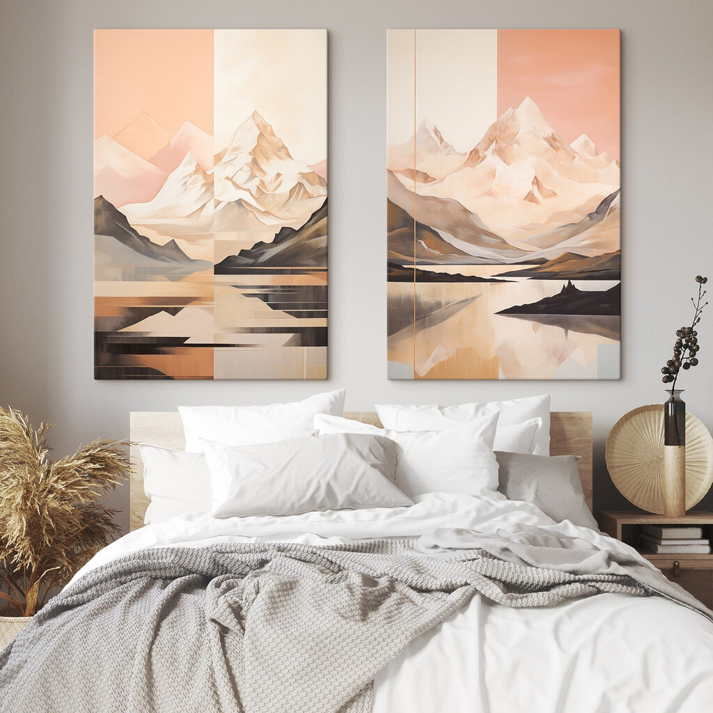 Painting of mountains and a lake