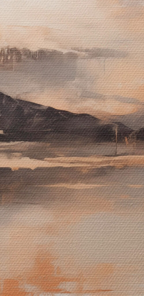 Painting of mountains and a lake