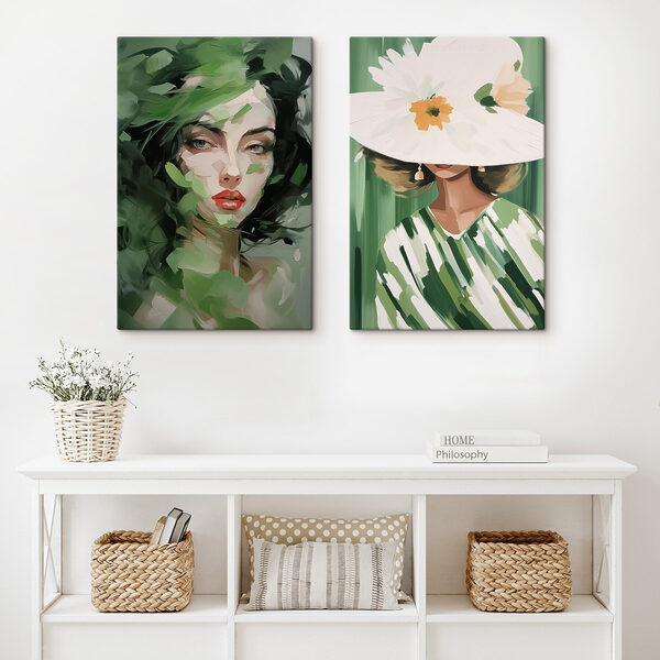 Two pictures of women with leaves