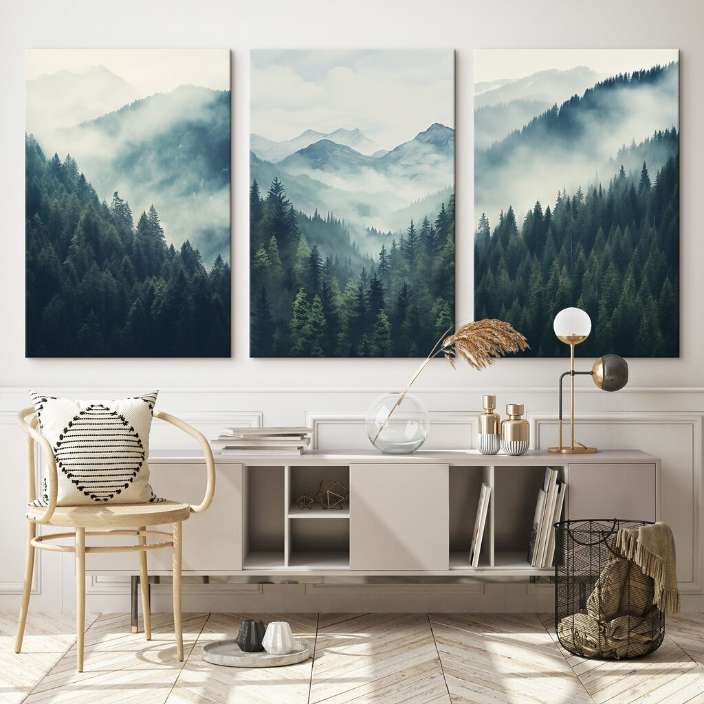 Group of mountains with trees and fog Group of mountains with trees and fog