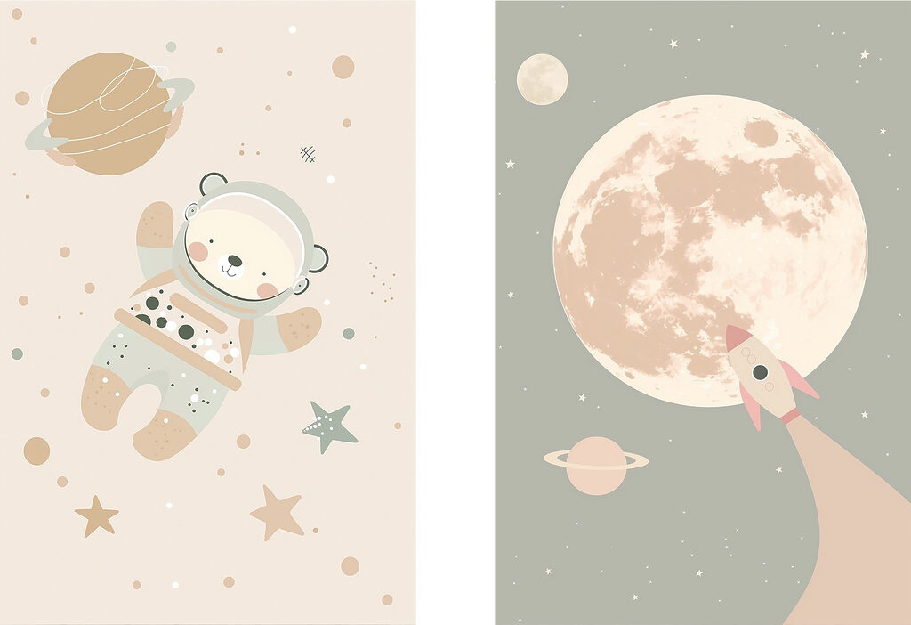 Two posters of a bear and a rocket in space Two posters of a bear and a rocket in space