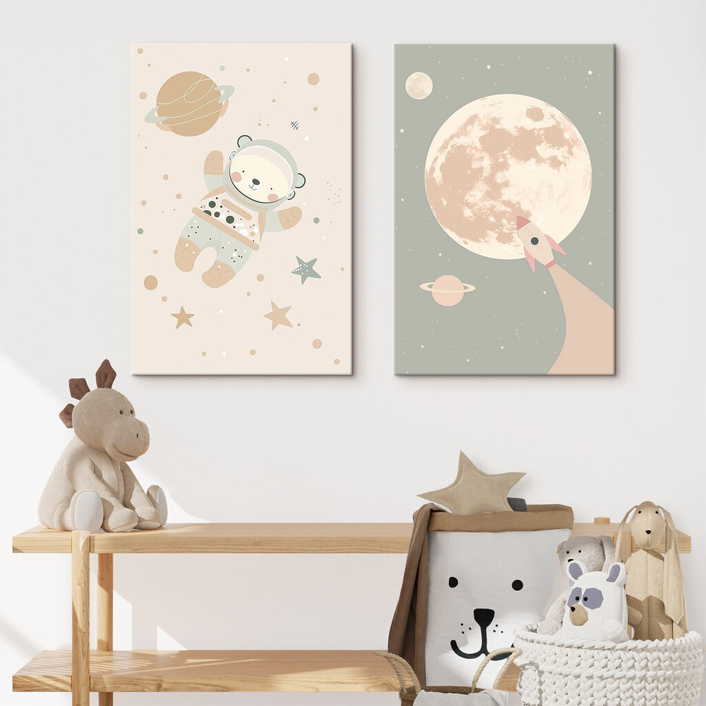 Two posters of a bear and a rocket in space Two posters of a bear and a rocket in space