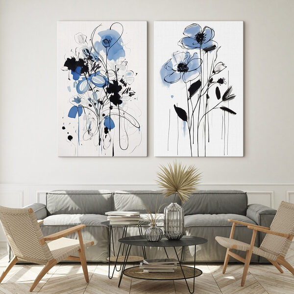 Painting of flowers with black and blue paint Painting of flowers with black and blue paint