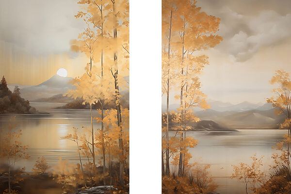 Painting of a mountain and a lake Painting of a mountain and a lake