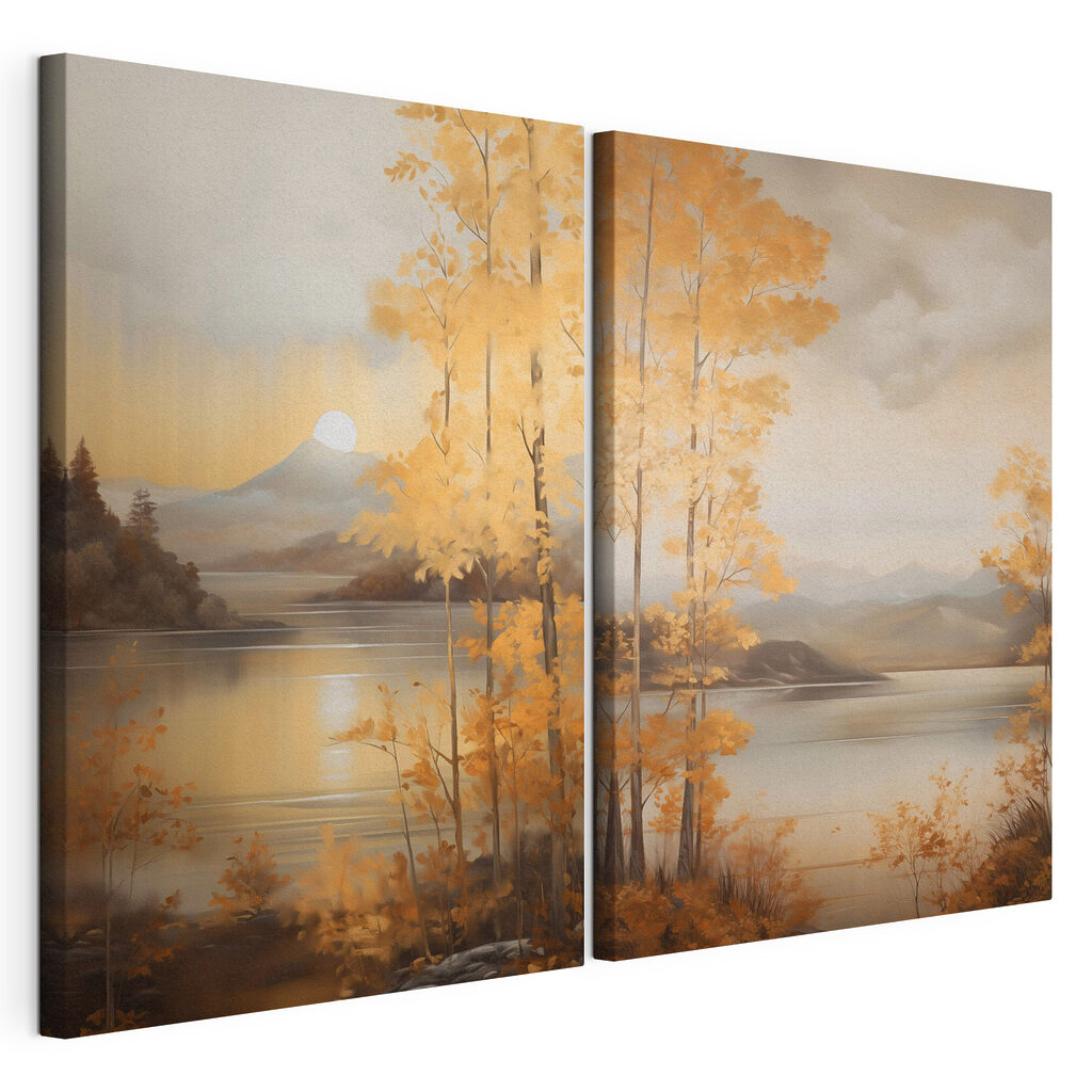 Painting of a mountain and a lake Painting of a mountain and a lake