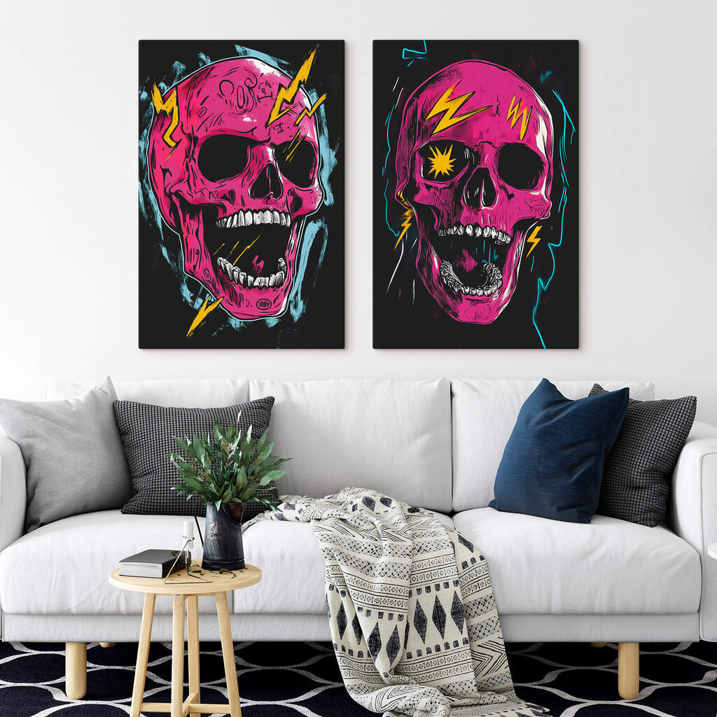 Collage of a pink skull with lightning bolts Collage of a pink skull with lightning bolts