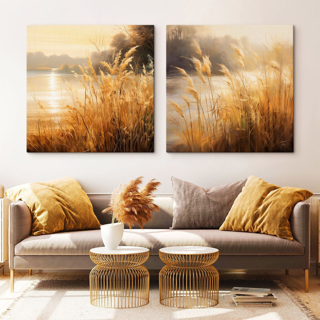 Painting of a river and a field of grass Painting of a river and a field of grass