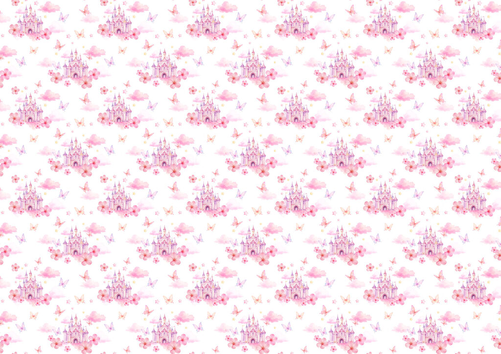 Pattern of pink and purple butterflies and a castle Pattern of pink and purple butterflies and a castle