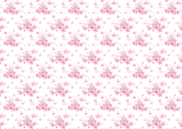 Pattern of pink and purple butterflies and a castle Pattern of pink and purple butterflies and a castle