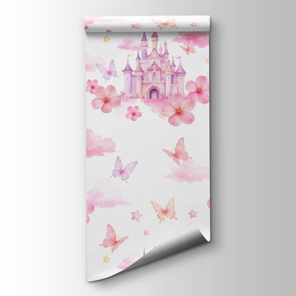 Pattern of pink and purple butterflies and a castle Pattern of pink and purple butterflies and a castle