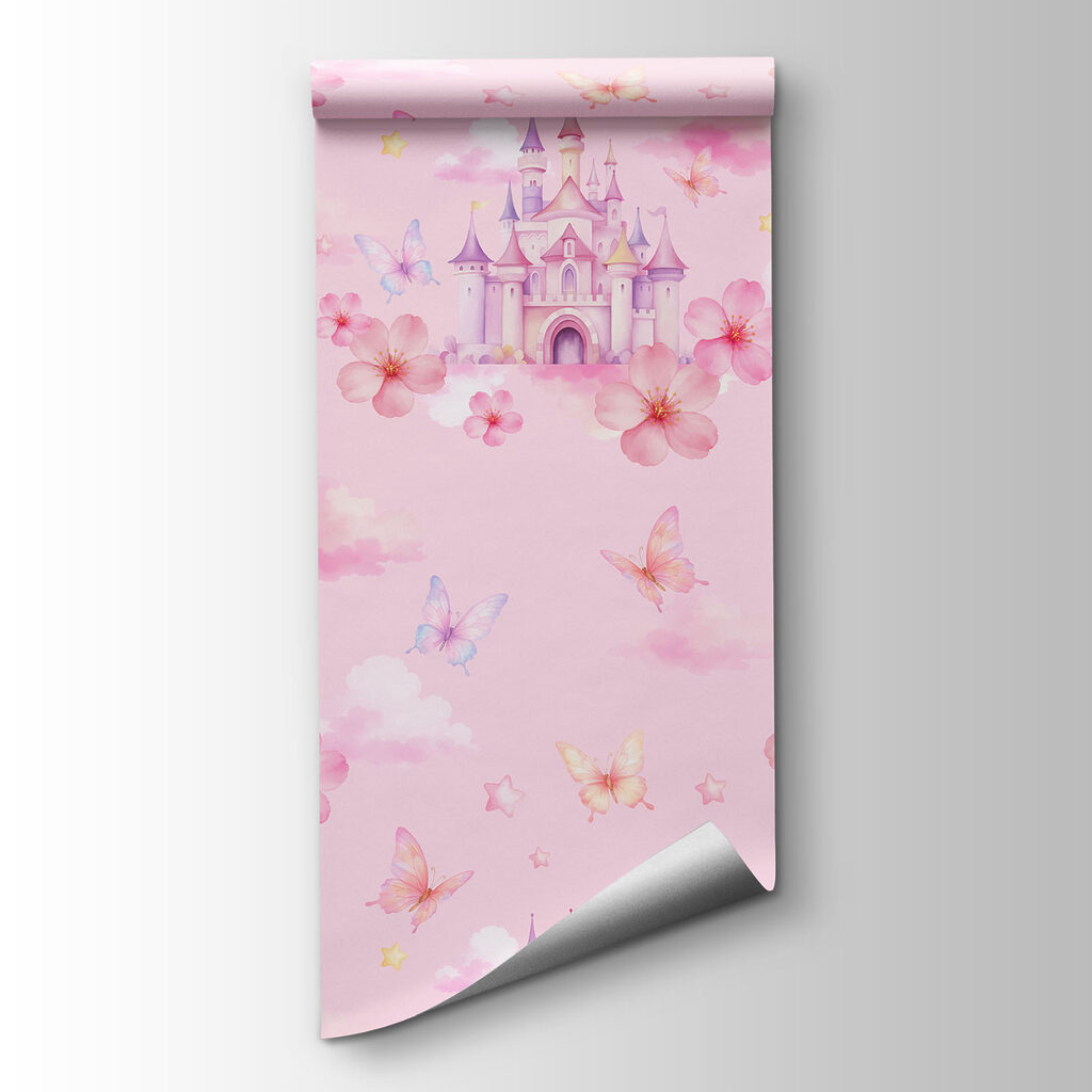 Pink background with pink clouds and butterflies