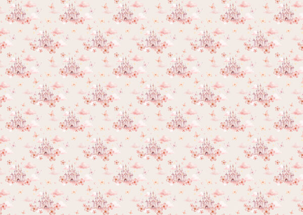 Pattern of pink butterflies and a castle