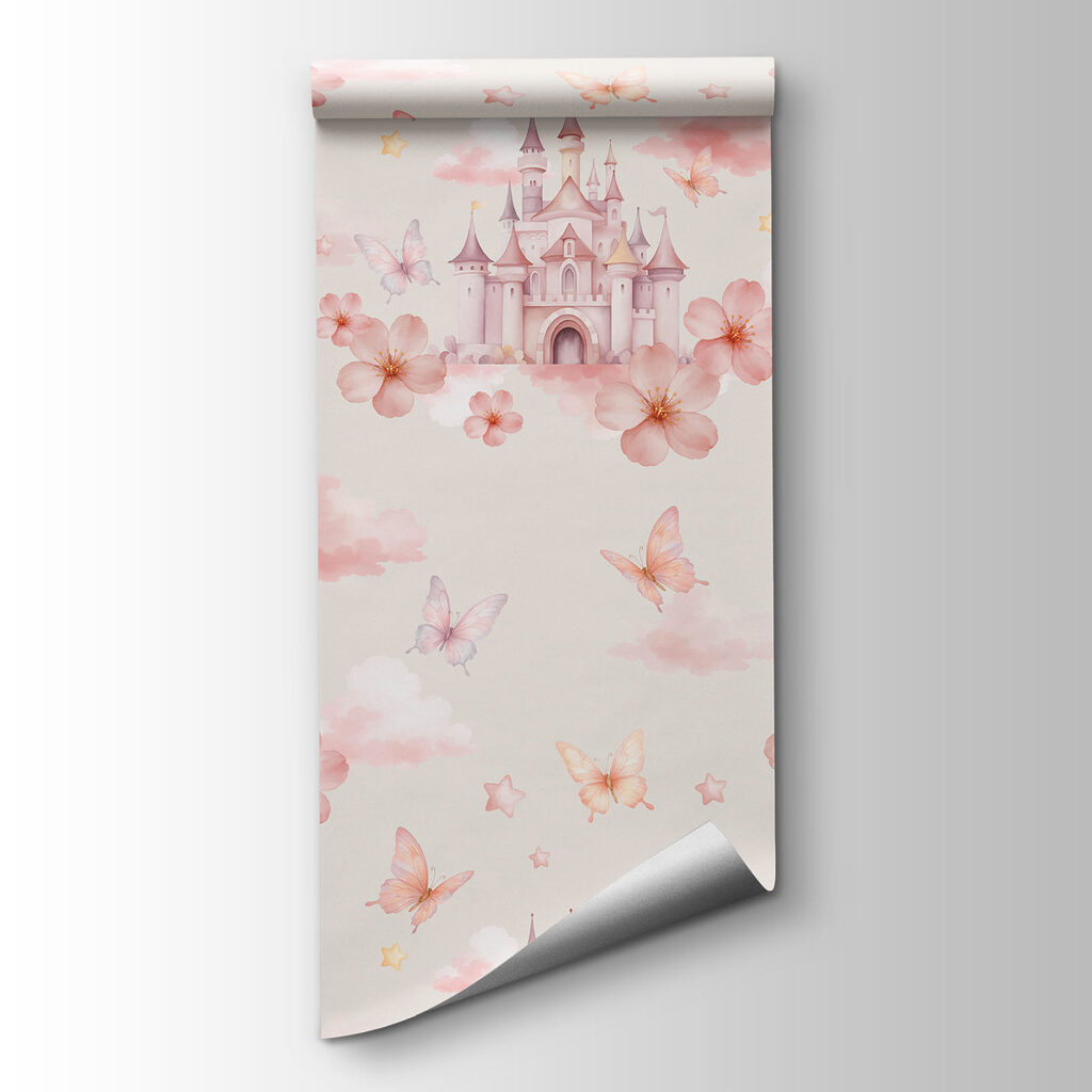 Pattern of pink butterflies and a castle