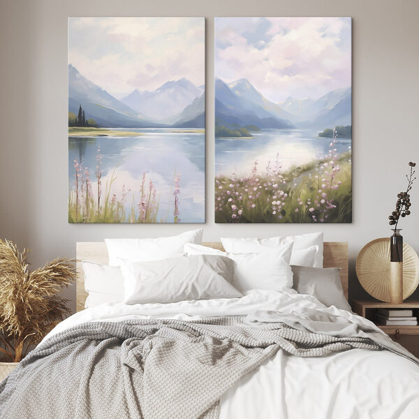 Painting of a lake and mountains Painting of a lake and mountains