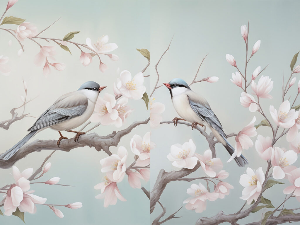 Couple of birds on a branch with flowers Couple of birds on a branch with flowers