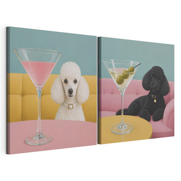 Egy kutya egy asztalnál ül egy martini-pohárral Moduláris vászonnyomat Egy kutya egy asztalnál ül egy martini-pohárral
