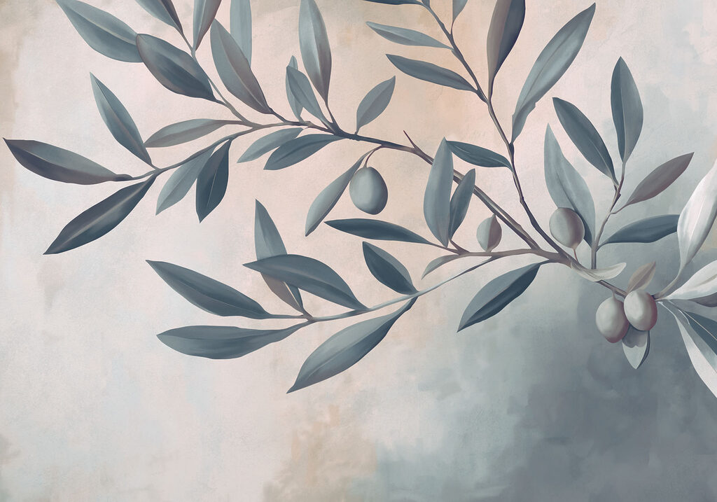 Painting of a branch with leaves and fruits Painting of a branch with leaves and fruits