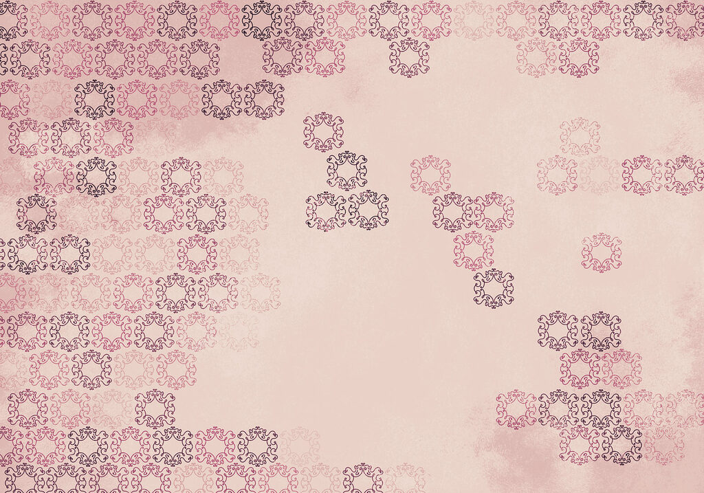 Pink background with many small black and red shapes
