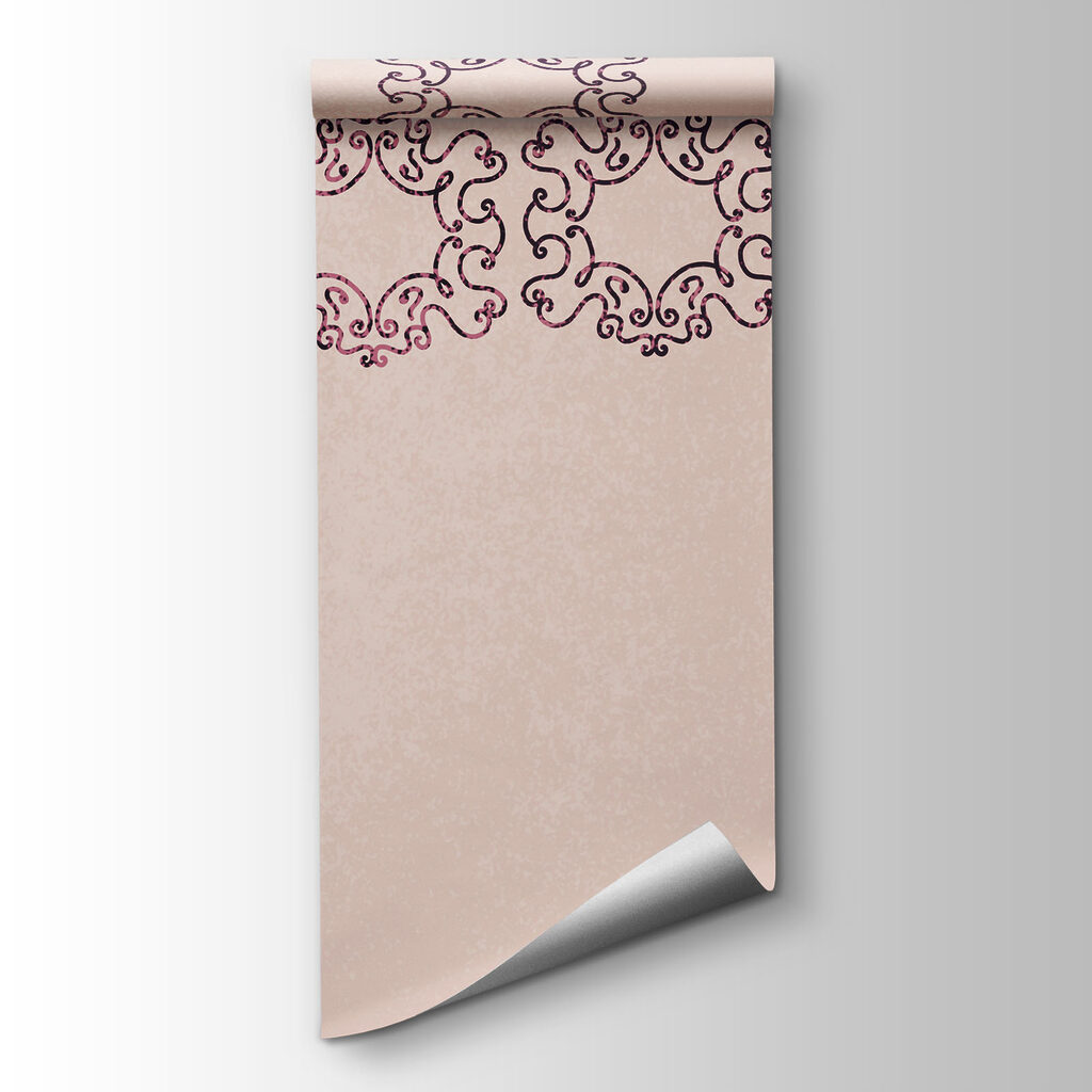 Pink background with many small black and red shapes
