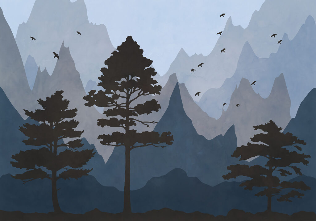 Painting of mountains and trees