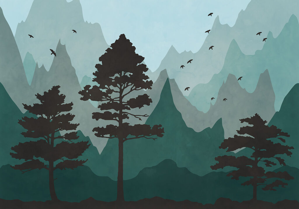 Painting of a forest with mountains and birds Painting of a forest with mountains and birds