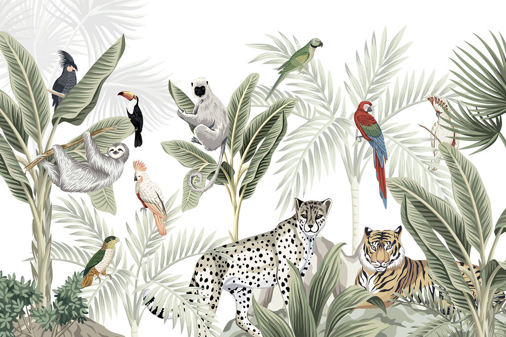 Tropical jungle creatures gather together