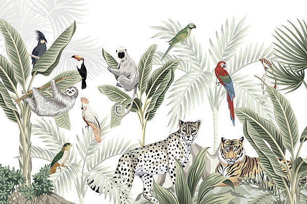 Tropical jungle creatures gather together