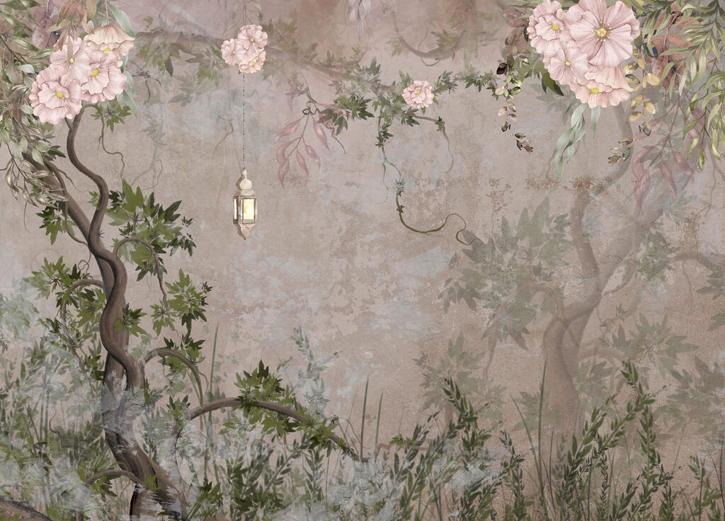 Painting of a tree with flowers and a lantern Painting of a tree with flowers and a lantern