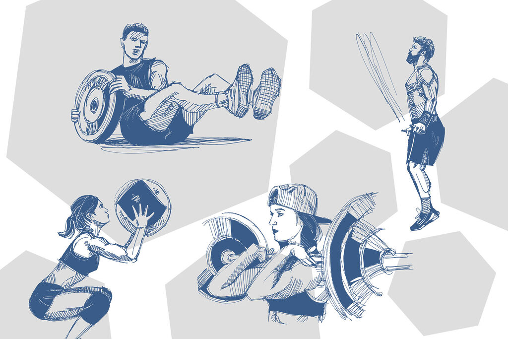 Collage of images of a man and a woman doing squats Collage of images of a man and a woman doing squats