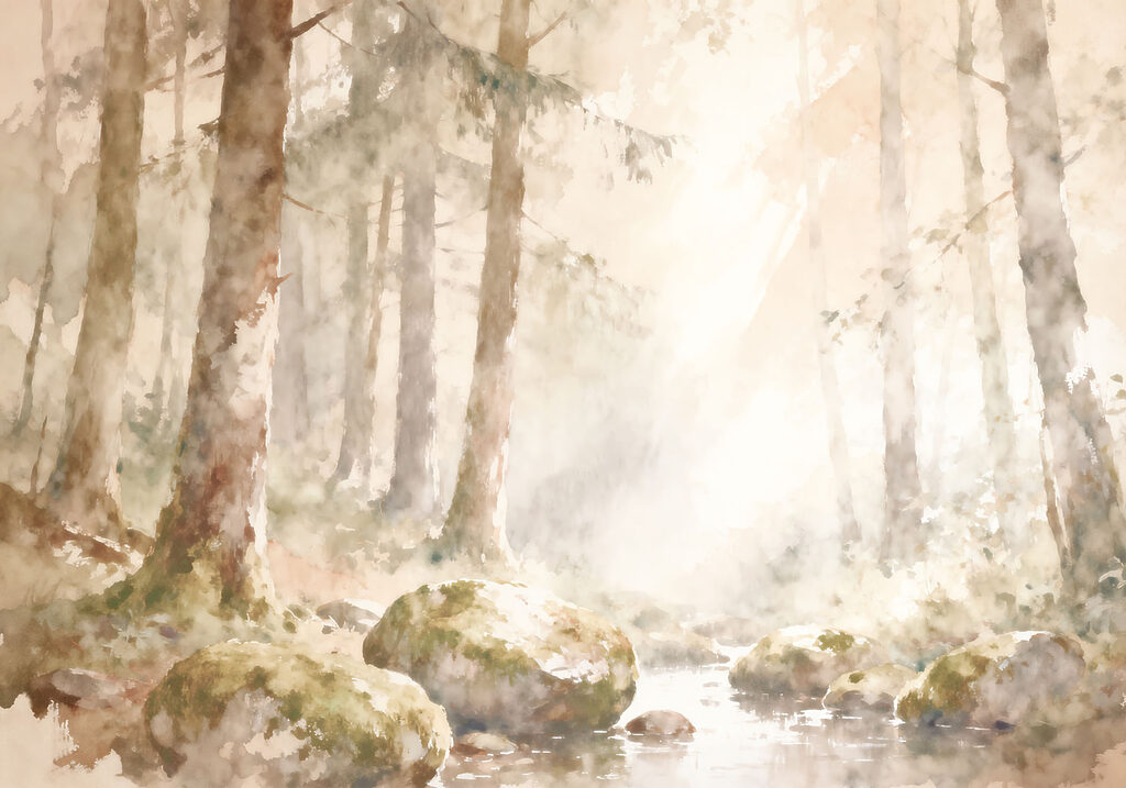 Watercolor painting of a river with rocks and trees Watercolor painting of a river with rocks and trees