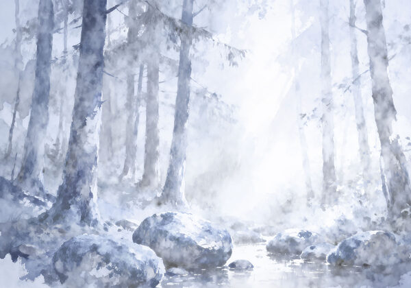 Watercolor painting of a river with trees and rocks