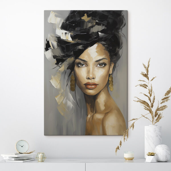 Painting of a woman with a large black and white hair Painting of a woman with a large black and white hair