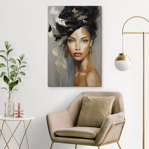 Painting of a woman with a large black and white hair Painting of a woman with a large black and white hair