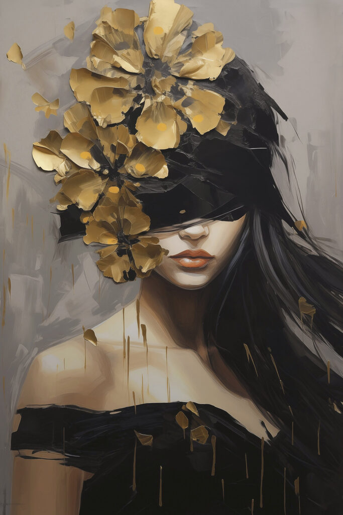 Painting of a woman with a blindfold and flowers on her head