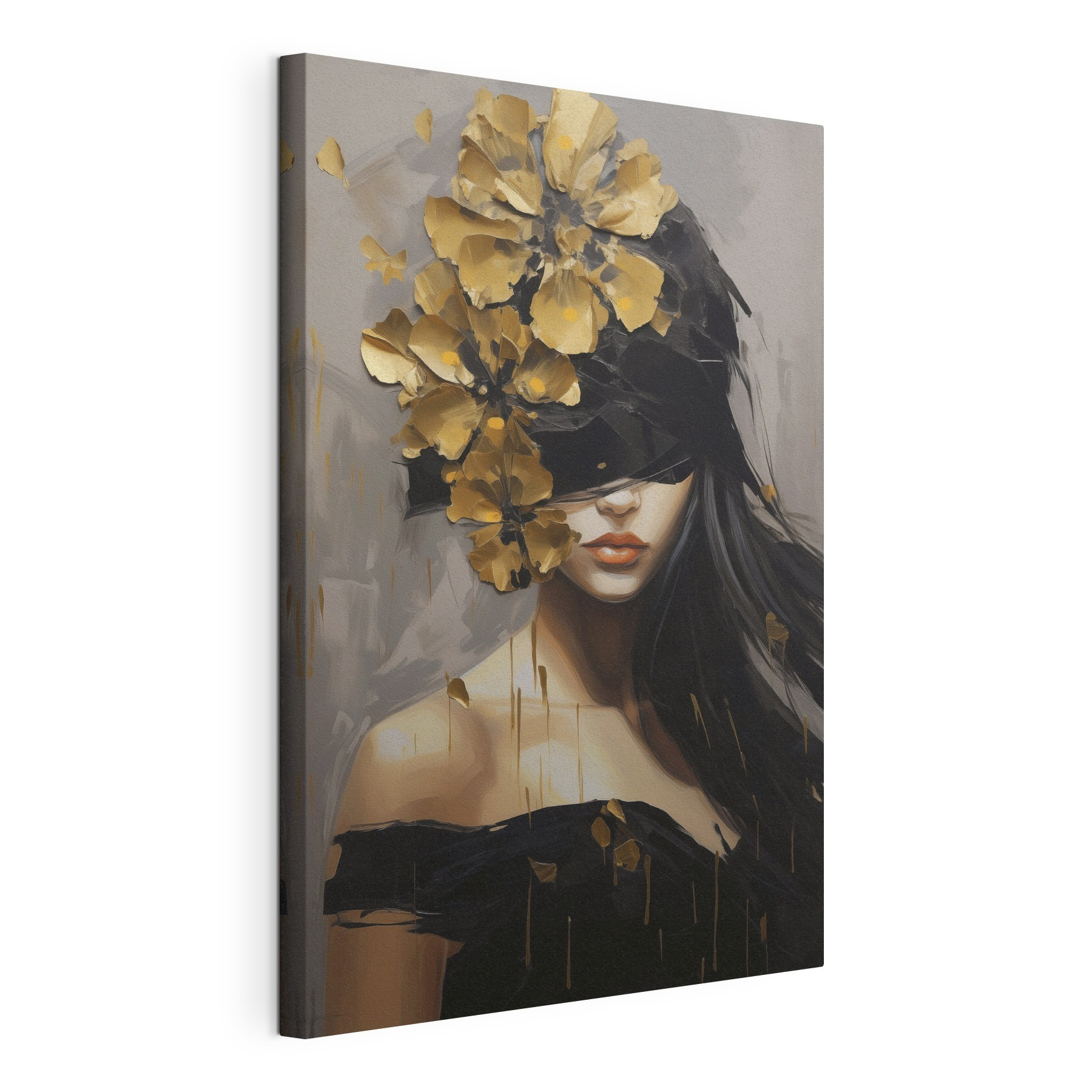 Painting of a woman with a blindfold and flowers on her head