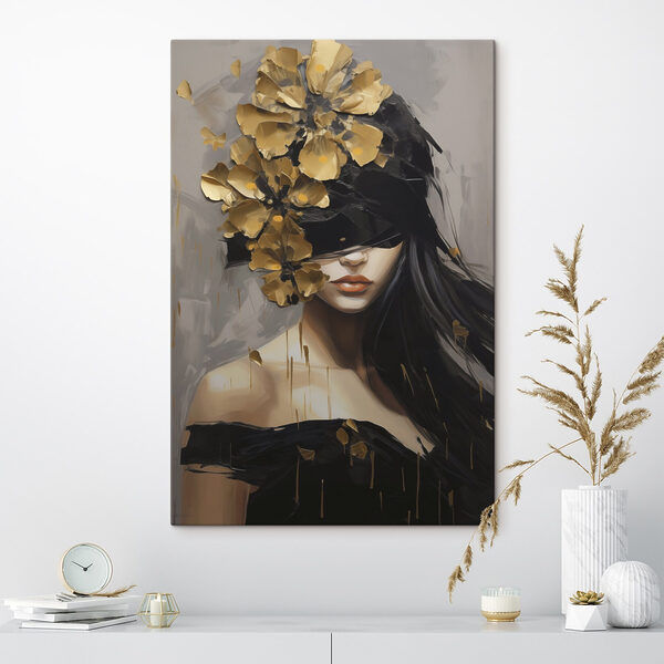 Painting of a woman with a blindfold and flowers on her head