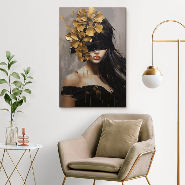 Painting of a woman with a blindfold and flowers on her head