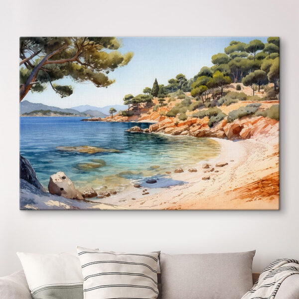 Watercolor painting of a beach with trees and rocks